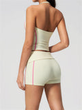 2PCS Women Yoga Sets Color Contrast Hanging Neck V Neck Slimming Sports Tank Top Flip High Waist Shorts Gym Running Fitness Suit