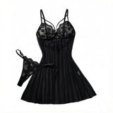 Black Daisy Floral Lace Sheer Mesh Babydoll Lingerie Set Slip Nightdress With Matching Thong Women Sexy Sleepwear ZA825096