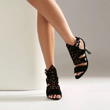 2026 Summer New Women's Black High Heels Made of Suede Leather with Exposed Toes and Thin Heels Suitable for Date Wearing
