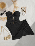 XS - L 6 Colors With Skirt Cut Out Women Swimwear Bandeau Metal Ring Bather Bathing Suit Swim One Piece Swimsuit Female K8108