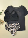 Women Leopard Print Lips Vest Bikinis Sets Three Pieces with Perspective Mesh Cover Crop Tops Swimsuit Bathing Suit Biquini