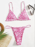 Women's Zebra Stripe Print Bikini Set Casual Sexy Backless Tie Swimwear Top Beach Vacation Two-Piece Swimsuit