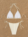 Sexy Beige 3D Pearls Coconut Tree Bikini Set 2025 Women Halter Push Up Pleate Thong Swimsuit Beach Bathing Suit Micro Swimwear