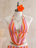 Vintage Blue Striped Knitted Cover Up 3 Piece Bikini Set 2026 Swimwear Women Push Up Bra Drawstring High Waist Shorts Swimsuit