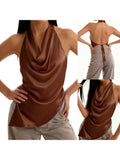 Women’s Solid Color Satin Cowl Neck Halter Tops Summer Fashionable Backless Slim Fit Going Out Vest