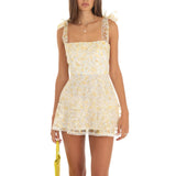 Women Fashion Double Layer Backless Cami Dress Summer Casual Floral Print Tie-Up Shoulder Strap Mini Dress Grey/Pink/Yellow
