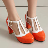 Spring Autumn New Style Fashion High-heeled Women's Shoes Color Block Round Head Shallow Mouth Buckle Square Heel Women's Shoes