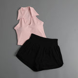 Summer Women's Sports Sets Color Contrast Lapel Collar Sports T Shirts High Waist Pleate Shorts Gym Running Fitness Yoga Suit