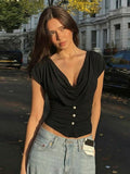 FDYOUI Fashion Casual Swinging Collar T-shirts Y2K Woman Clothes Short Sleeve Buttons Corset T Shirt Ladies Solid Crop Tops Tees
