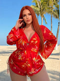 Red Floral Print Tankini Set 2026 Women Long Sleeve Drawstring Cover Up 3 Piece Swimsuit Beach Holiday Bathing Suit Swimwear 4XL