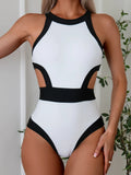 Vintage White Black Patchwork Swimwear Women 2026 Hollow Out Backless High Waist Bikini Beach Bathing Suit One Piece Swimsuit