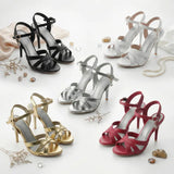 2026 Summer New Women's Metallic High Heel Sandals Ankle Strap Crystal Buckle Stiletto Heels Sexy Party Wedding Prom Dress Shoes