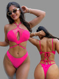 2026 New Solid Color One-piece Suit Swimwear Women Sexy Hollow Out Backless Swimsuit Bodysuit Cross Bandage Bikini Beachwear