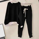 2 Pcs/Set Women Sweatshirt Pants Set Fake Two-piece Crew Neck Loose Elastic Waist Drawstring Casual Women Autumn Tracksuit