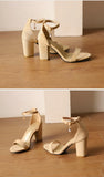 Beige Suede Ankle Strap Block Heel Sandals for Women, Round Open Toe with Rhinestone Accent, Multiple Colors Available