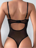 Womens Sleeveless Bodysuits Solid Color PU Leather Bandage Leotard Body Top See Through Mesh Tops