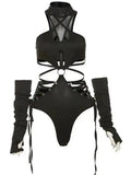 Hollow Out Sexy Cyber Y2k Bodysuits Gothic Mesh Patchwork Tops Female Glove Sleeve Mock Neck Bodysuit Fashion P4ZQ