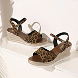 2025 Summer Leopard Print Wedges Sandals Women Plus Size Ankle Buckle Platform Sandles Woman Lightweight Chunky Heel Sandalias