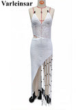 New Tassels Asymmetric Halter Crochet Knitted Tunic Beach Cover Up Cover-ups Beach Dress Beach Wear Beachwear Female Women V8257