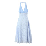French Style Blue Jacquard Dress With French Vibe V-neck Backless Holiday Halter-neck Dress Niche Long Dress Pure Desire U633