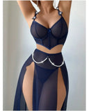 Women Sexy Lingerie Dress for Bow Knot Patchwork Mesh See-through Bra and Skirt Panties Set Underwear Erotic Lingerie