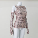 AHAgaga Sexy Tee T-shirt Women 2025 Summer Casual Letter Print Skinny See Through With Gloves Cropped Shirts Women Female Blusas