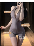 Sexy Schoolgirl Two-way Zipper Open Chest Crotch Bodysuits Deep V Suspenders Sleeveless Bodysuits Charming Thin Casual Hot 15T6