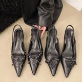 SUOJIALUN Autumn New Women Sandal Fashion Pointed Toe Pleated Ladies Elegant Dress Slingback Shoes Shallow Thin High Heel Pumps