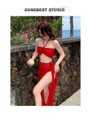 2025 Korean Swimsuit Women Sexy Bikini Red Split Long Skirt Swimsuit Women Halter 3D Flower Push Up Holiday 3 Piece Swimwear