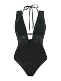 S - XL Deep V Neck Knit Fishnet Mesh One Piece Swimsuit Women Swimwear Female Backless Monokini High Leg Cut Bathing Suit Swim