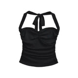 New Women's Fashion Sexy Backless Halter Neck Tie-up Ruched Tube Top Ultra-short Camisole Top In Solid Color Pure Desire F1MR