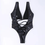 DEKA Women's Mesh Patchwork One Pieces Swimwear Sexy New Hollow Out High Cut Bandage Swimsuit Monokini Push Up Bikini