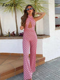 Foridol Geometric Print Summer summer Backless Jumpsuit Sleeveless Halter Wide Leg Pink Pants Overalls Front Cut Retro Jumpsuit