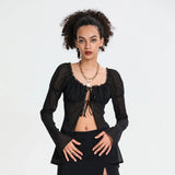 Spring Summer Women Solid Color Split Tie Front Tops See Through Frill Trim Square Neck Long Puff Sleeve Mesh Shirts
