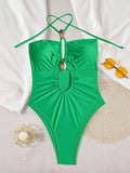 2026 Summer Women's One-piece Suit Swimwear Sexy Hollow Out Neck Lace-up Bodysuit Beachwear High Waist Push Up Bathing Suits