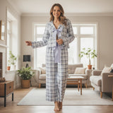 Women Sleepwear Long Sleeve Bow Tie Front Plaid Tops with Elastic Waist Pants Loose Fall Winter 2 Pieces Pajamas Sets