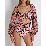 One Piece Swimsuit Sexy Long Sleeve Tropical Print Swimwear Women Bandage Monokini Hollow Out Bathing Suit String Beachwear 2023