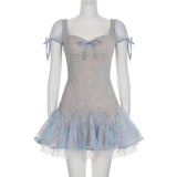 Dreamy and Western-style lace pleated princess dress with sparkling sequin design and puff-sleeved high-waisted dress.