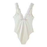 Women's Lace Satin Jumpsuit Elegant White Lace V Neck Bodysuit Sleeveless Satin Bodycon Top For Women Party Night Out Wear VN50