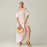 Women Summer Long Dress Floral Print Square Neck Short Sleeve Fashion Casual Bohemian Holiday Beach Dresses