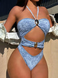 Denim Printed Halter Cut Out One Piece Swimsuit Women Swimwear Female High Cut Monokini Bather Slim Bathing Suit Swim Bodysuit