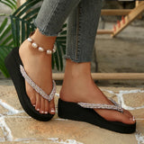 Fashion Crystal Wedge Heel Flip Flops Women 2026 Summer Clip Toe Platform Slippers Woman Plus Size 42 Thick Sole Beach Sandals