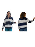 Women Long Sleeve Spring Fall Lapel Collar T-shirts Striped Contrast Color Loose Pullovers Streetwear Tops