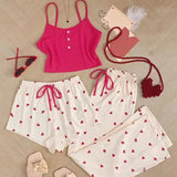 3 Pieces Pajamas Set Women Sleepwear Casual Heart-Shaped Printed Vest and Shorts and Pants Sets Homewear Pijamas