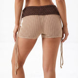 Women Beach Shorts Trendy Contrast Color Foldover Sheer Knit Short Pants Summer Sexy Bohemian Shorts