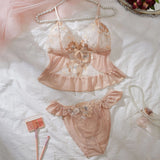 Floral Embroidery Lace Lingerie Set Sexy Women Sheer Mesh Ruffle Trim Cami Top And Panty 2 Piece Sleepwear