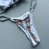 New 2026 Women's Micro Bikini Set Plaid Print Neck Lace-up Backless Biquini Beachwear Sexy Push Up Thong Low Waist  Bathing Suit