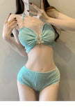 Korean Cover Up 3 Piece Bikini Set 2025 Swimwear Women Green Metal Strap Push Up Drawstring Skirt Swimsuit Beach Bathing Suits
