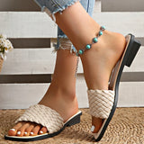 Classic Plus Size Woven Slippers for Women Summer Square Toe Low Heel Slides Sandals Woman Outdoor Pu Leather Beach Flip Flops