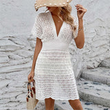S - XL Short Sleeve V Neck Crochet Knitted Tunic Beach Cover Up Cover-ups Beach Dress Beach Wear Beachwear Female Women V5314